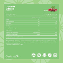 Graphic highlights calcium citrate absorption with Celebrate Bariatric chew for bioavailability.