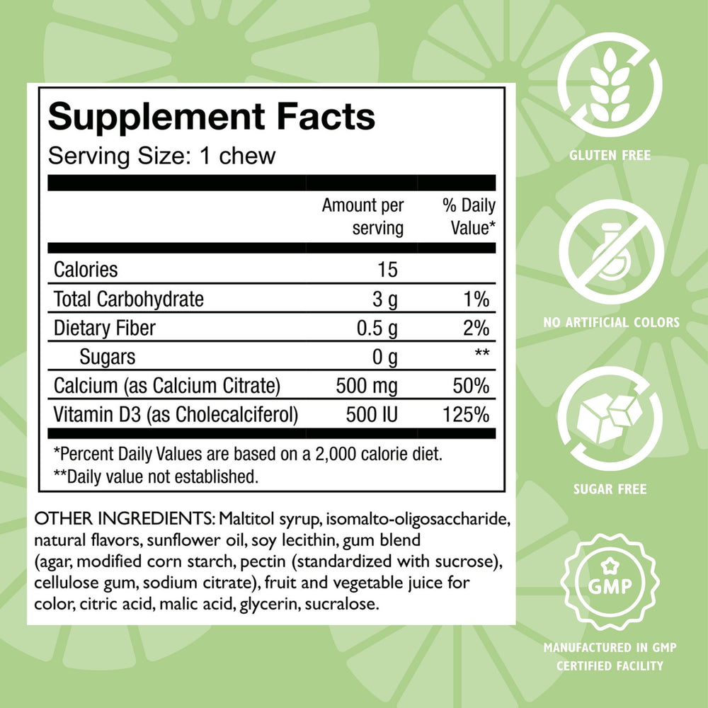 Celebrate Bariatric Calcium Citrate Soft Chews closeup — 500 IU vitamin D3 for better absorption.