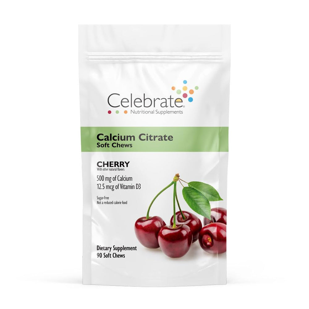 Celebrate Bariatric calcium soft chew cherry pack showing convenient bottle for daily bone support.