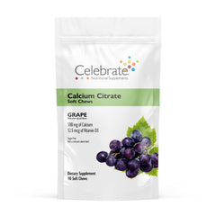 Celebrate Bariatric Calcium Soft Chews grape bottle; supports bone health and daily nutrition.
