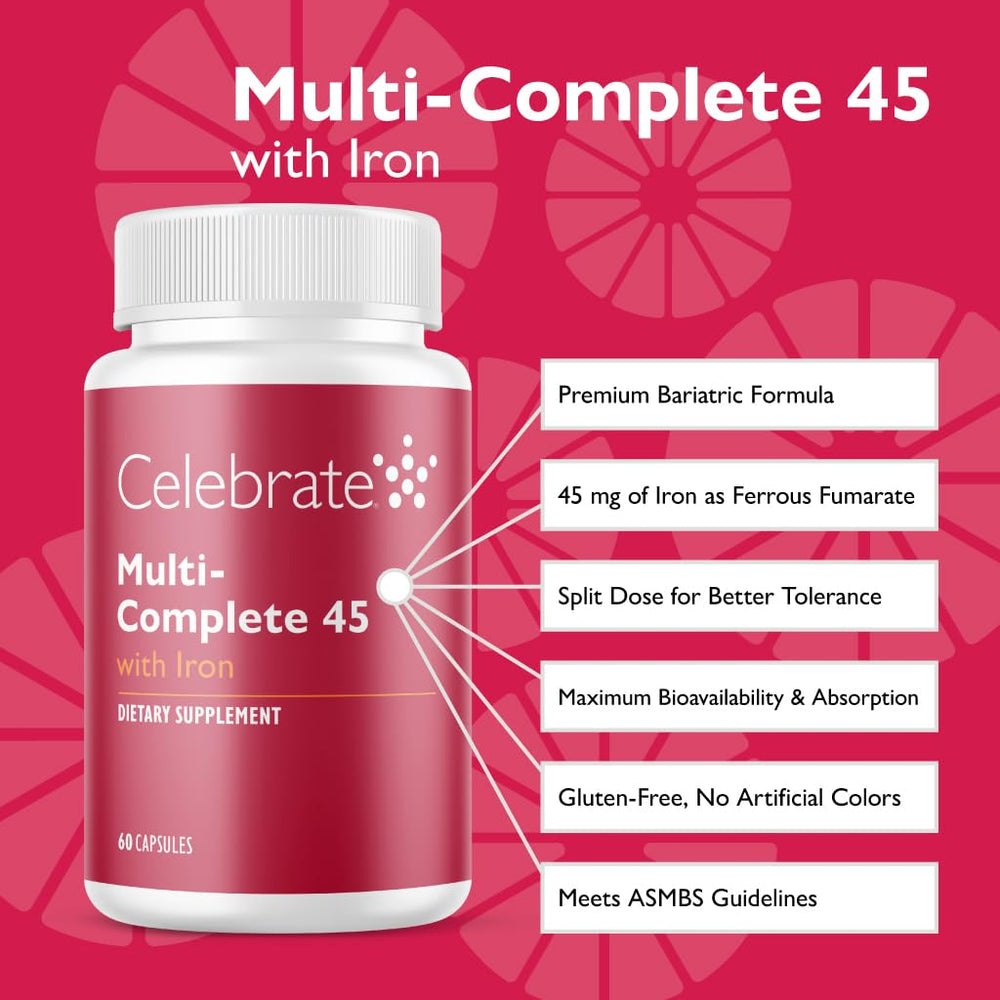 Celebrate Bariatric Multi-Complete bottle label, ASMBS-aligned nutrition for post-surgery care.
