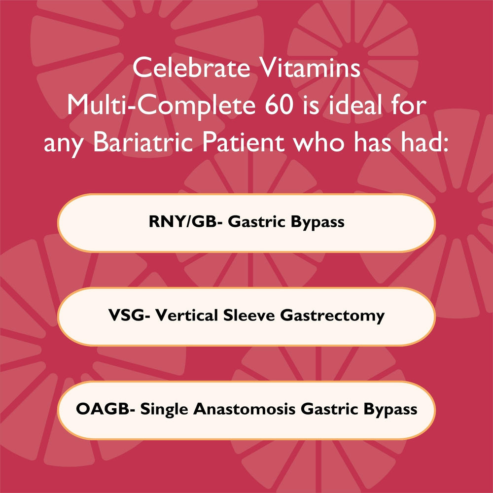 Celebrate Bariatric Multi-Complete packaging illustrates easy daily dosing.