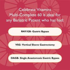 Celebrate Bariatric Multi-Complete packaging illustrates easy daily dosing.