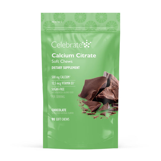 Celebrate Bariatric calcium citrate soft chews chocolate front package view, convenient daily supplement on the go
