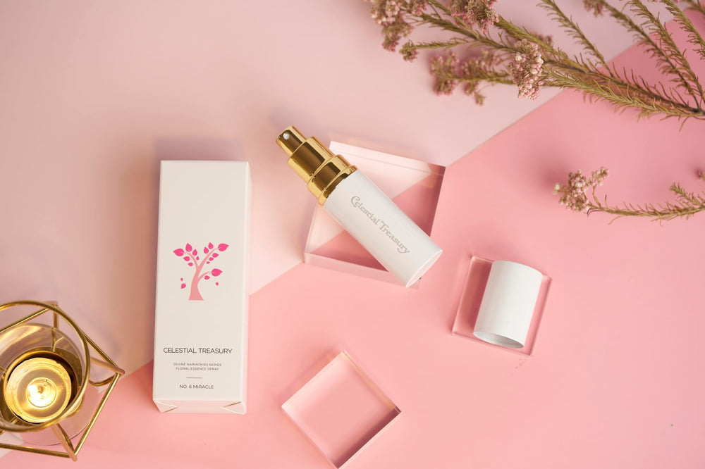 Celestial Treasury Blessed Floral Essence Spray No.6 ingredients collage highlights botanical extracts.
