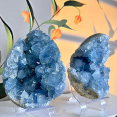 Celestine cluster transparent-crystal-points glisten in light for study spaces.