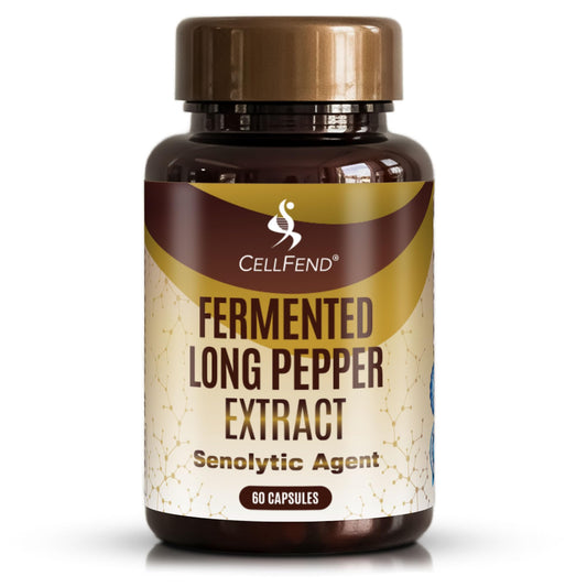CellFend senolytic supplement bottle closeup highlighting labeling and daily wellness potential