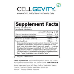 CELLGEVITY bottle label close-up highlighting ingredients for daily antioxidant support