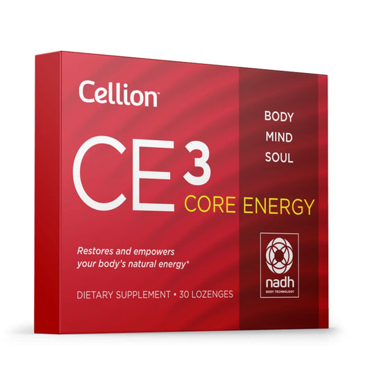 Cellion CE3 core energy bottle pour showcases NADH lozenges for steady energy.