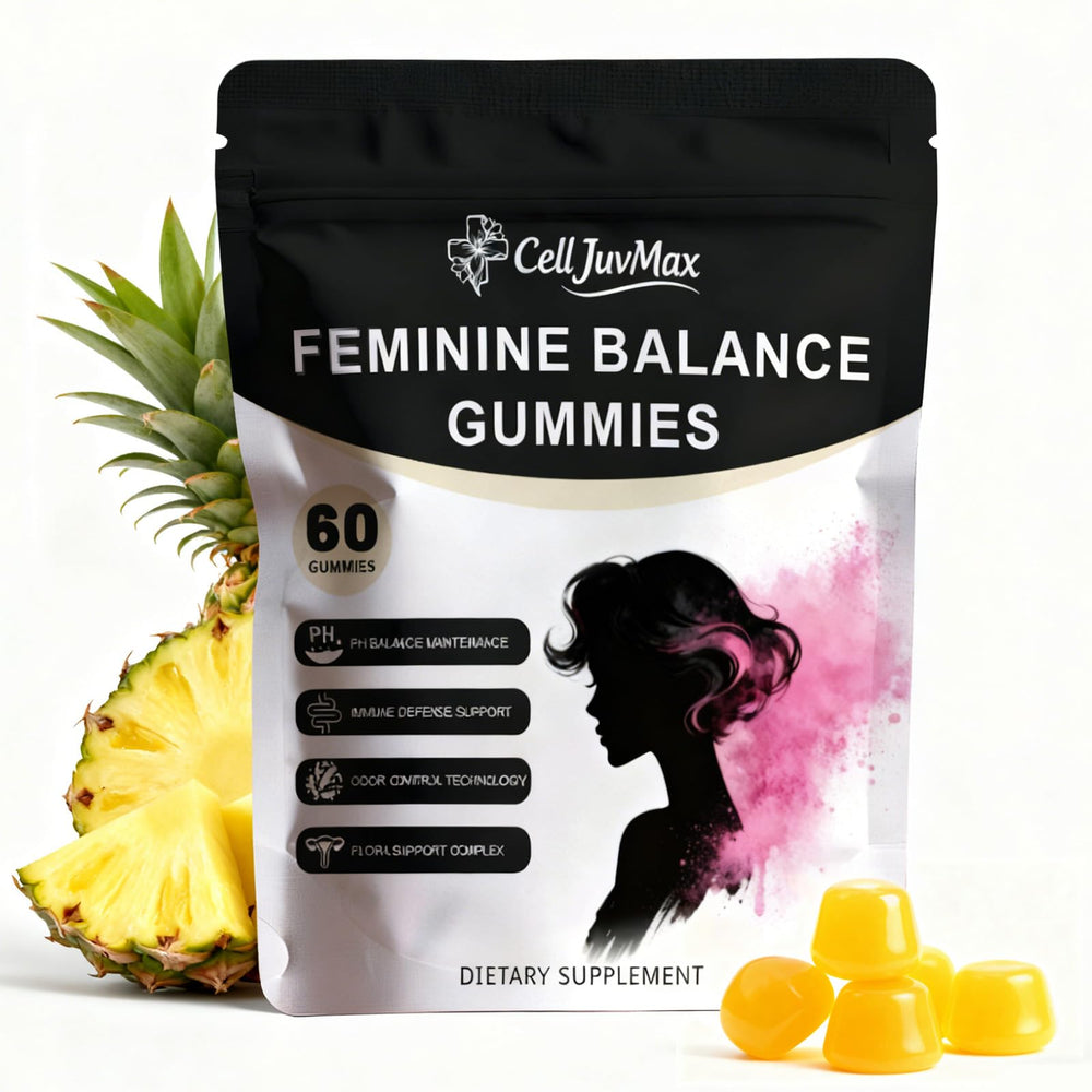 CellJuvMax Feminine Balance gummies bottle showing daily pH support and fresh feel.