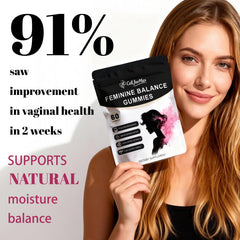CellJuvMax Feminine Balance packaging highlights vegan, sugar-free formula for daily use.