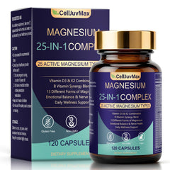 CellJuvMax magnesium bottle with 120 vegan capsules supports daily balance.