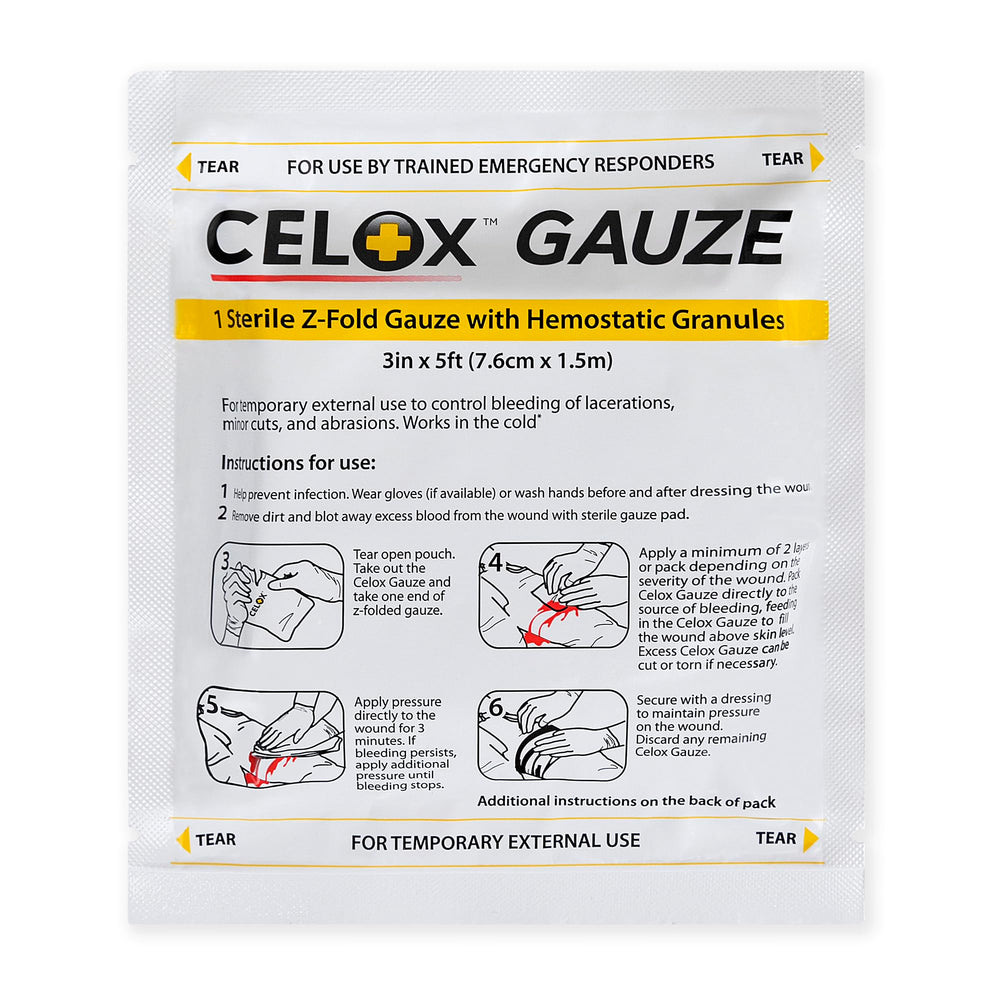 Celox Gauze Z-Fold pack shot showing compact sterile design for fast on-site use.