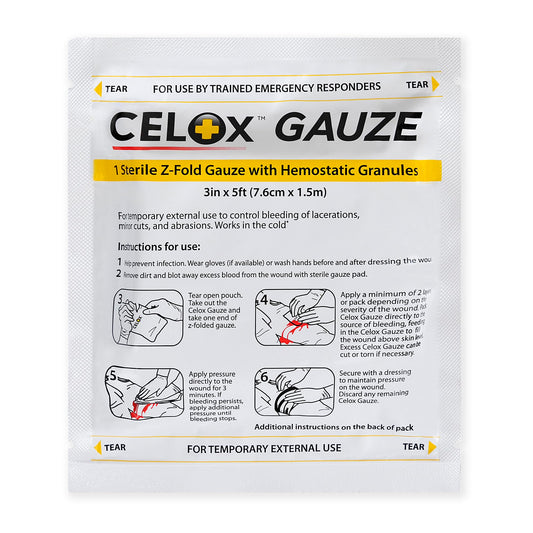 Celox Gauze Z-Fold pack shot showing compact sterile design for fast on-site use.