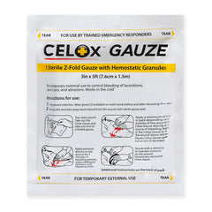 Celox Gauze Z-Fold pack shot showing compact sterile design for fast on-site use.