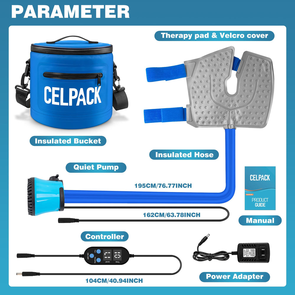 Celpack blue device on table, quiet pump for home use.