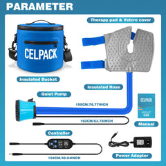 Celpack blue device on table, quiet pump for home use.