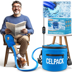 Celpack portable ice therapy machine, front view, cools and supports the knee.