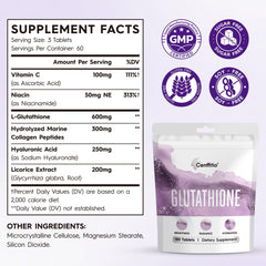Cenffitio Glutathione pills view highlights a 180-tablet supply for ongoing use.