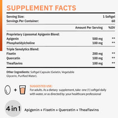 Cenffitio senolytics blend close-up emphasizes fisetin, quercetin, theaflavins