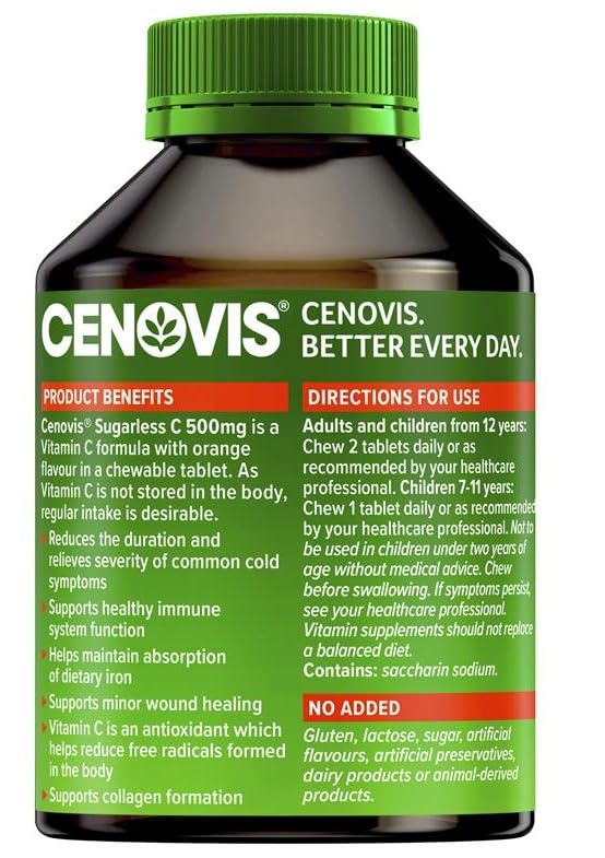 Close-up of Cenovis Vitamin C 500mg sugarless tablets emphasizing 300-tablet supply.