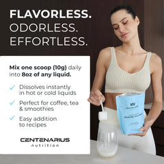 Centenarius collagen peptides jar on counter indicates easy daily use.