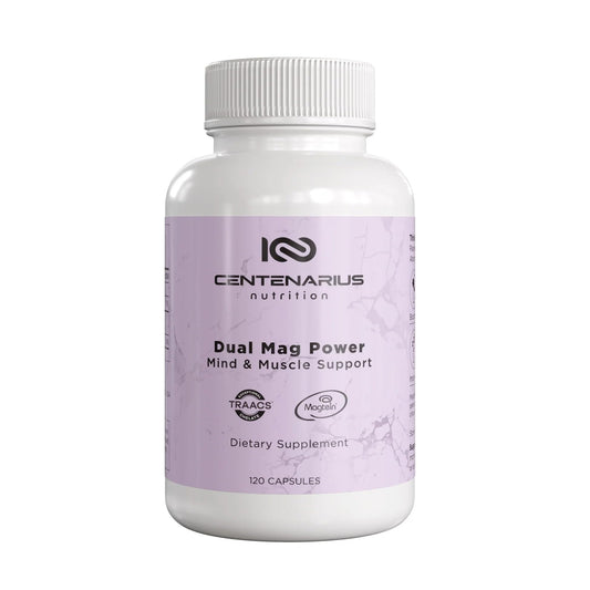 Centenarius Dual Mag Power bottle pour showcases the premium magnesium blend for focus and restful sleep.