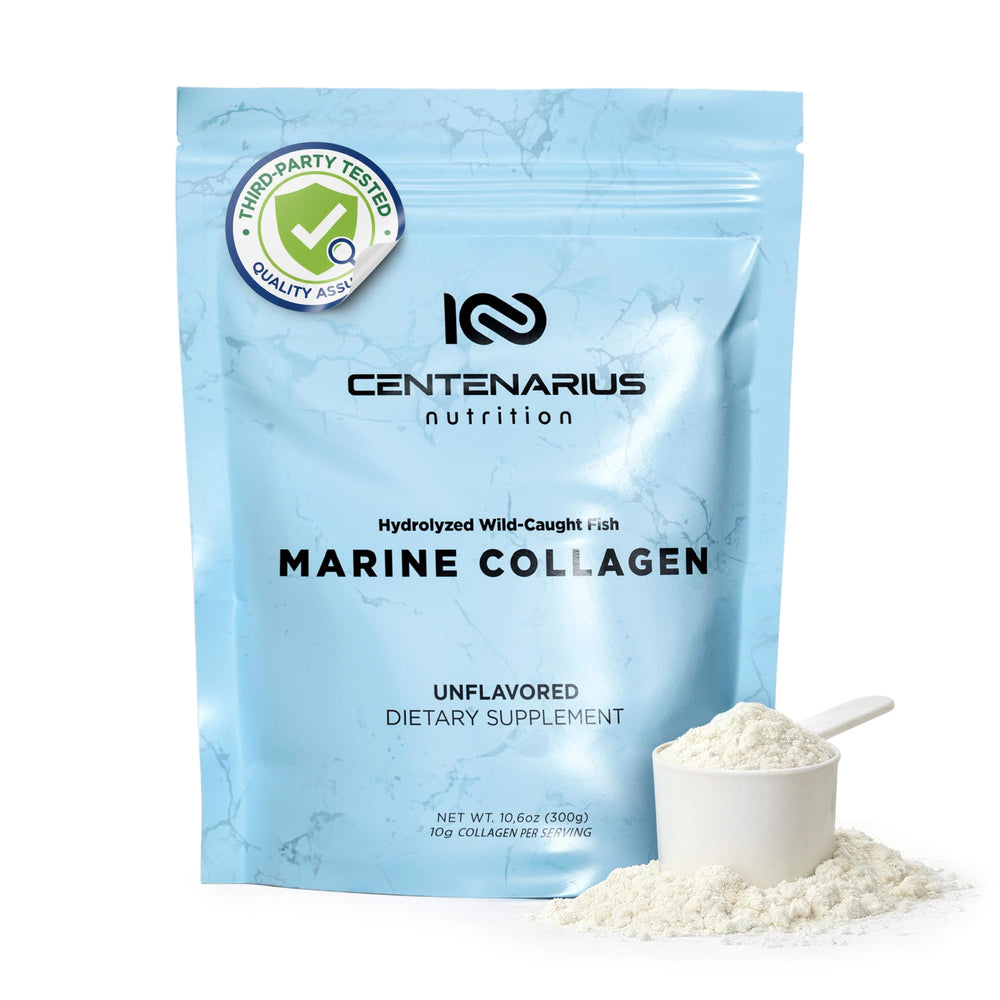 Centenarius Nutrition hydrolyzed marine collagen peptides bottle for skin support.