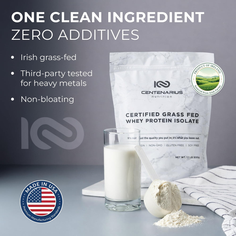 Centenarius Nutrition Premium Whey Isolate Irish grass-fed pouring shot suggests quick, smooth mixing.