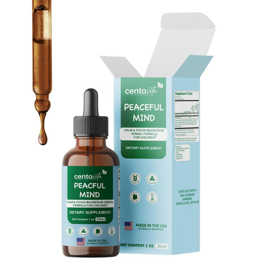 Centovita Peaceful Minds bottle with dropper supports kid calm and focus.