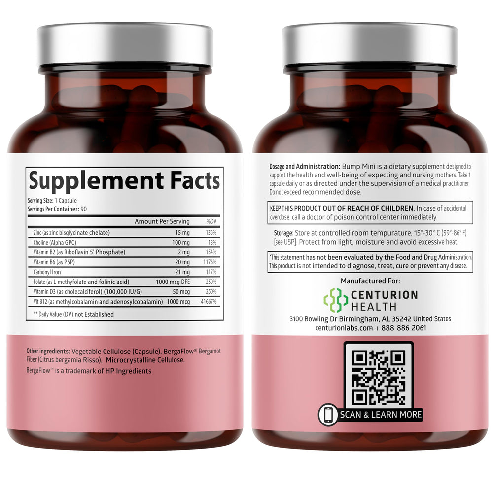Centurion Health Bump Mini bottle side view showing capsule packaging.