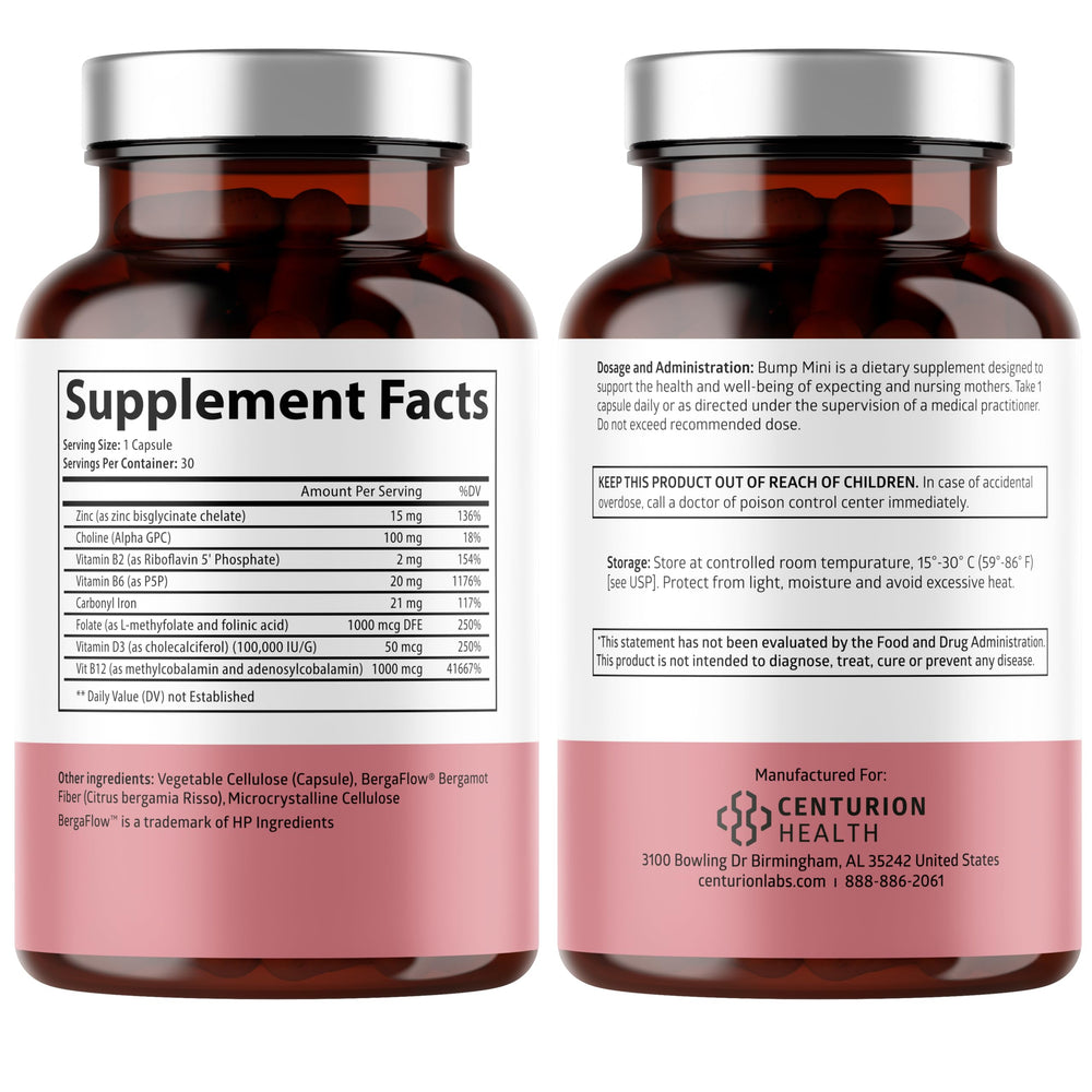 Close-up of Bump Mini capsules showing easy-to-swallow prenatal vitamins.