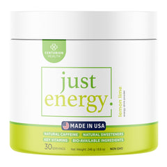 Centurion Health Just Energy Lemon Lime powder tub for a refreshing energy lift.
