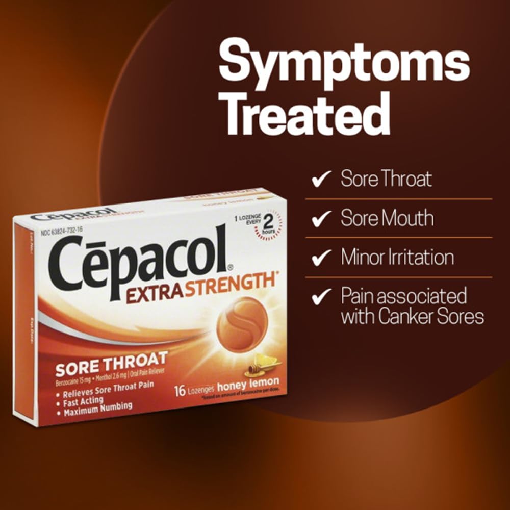 Cepacol dosage guide graphic showing one lozenge every two hours.