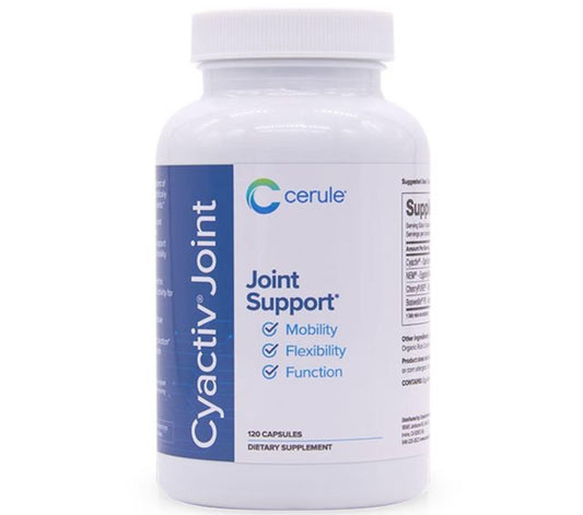 Cerule Cyactiv spirulina bottle closeup for joint comfort and daily mobility