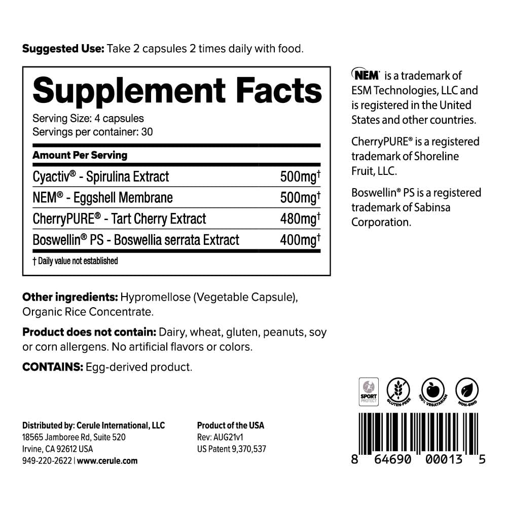 Cerule Cyactiv spirulina capsules in hand; plant-based energy support