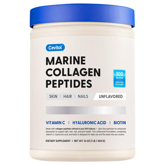 Cevitol Marine Collagen bottle front, unflavored formula for daily use.