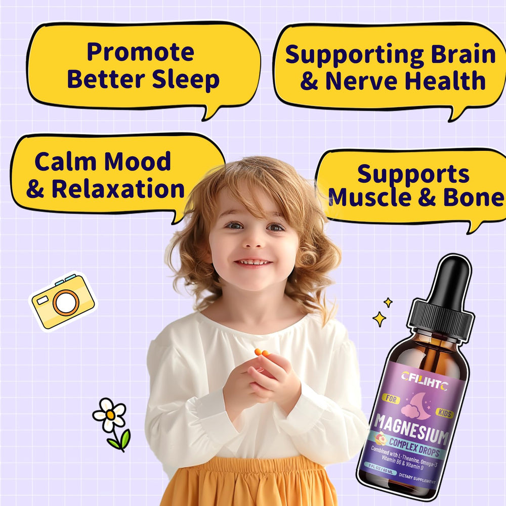 CFILIHTC Kids Magnesium Liquid Drops serving on a glass of beverage for bedtime routine.