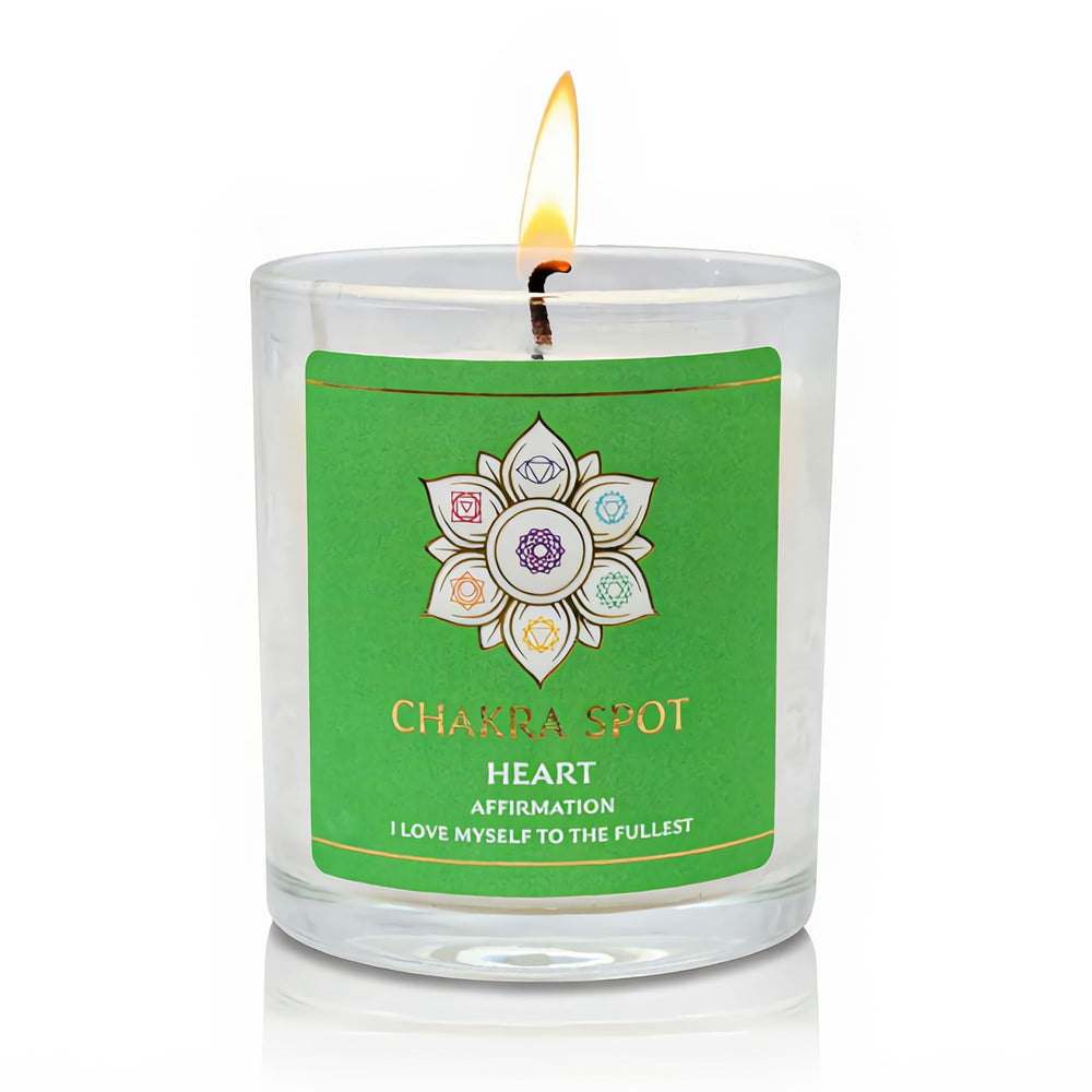 Chakra Spot Heart Chakra Candle in jar with rose-quartz energy for meditation.