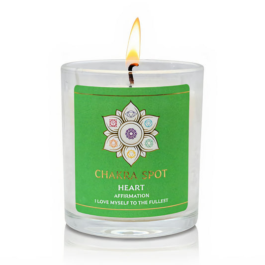 Chakra Spot Heart Chakra Candle in jar with rose-quartz energy for meditation.