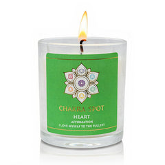 Chakra Spot Heart Chakra Candle in jar with rose-quartz energy for meditation.