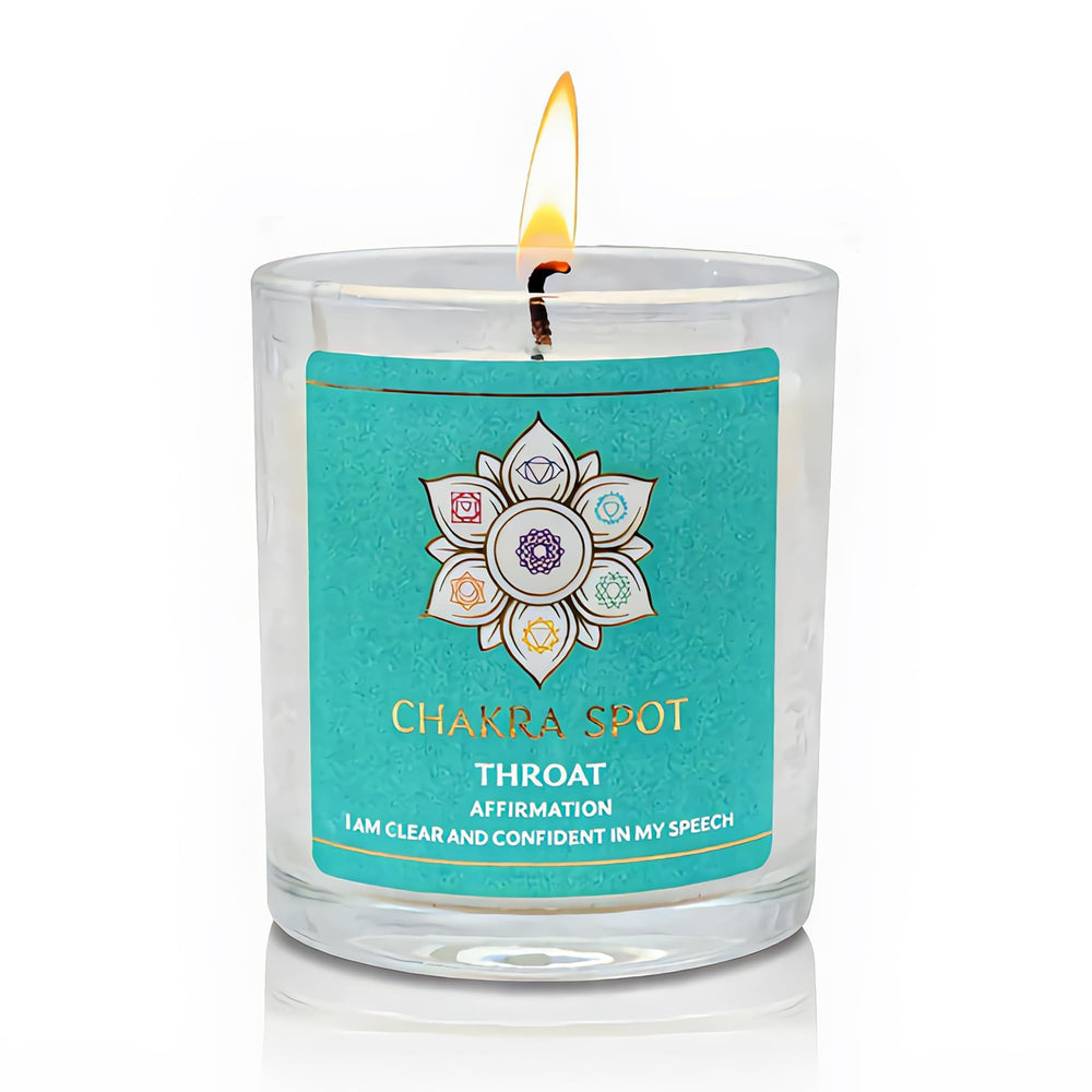 Chakra Spot Vishuddha candle with blue aura promotes truth and clear communication rituals.
