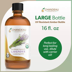 Chandeau Essentials lavender oil label showing organic purity and certification