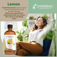 Chandeau Essentials Lemon Oil amber bottle closeup preserving citrus freshness