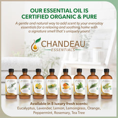 Chandeau Essentials peppermint oil label close-up showing purity.