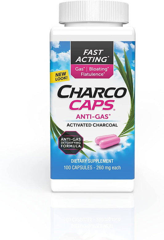 CharcoCaps Anti-Gas Formula bottle front view for after-meal comfort.
