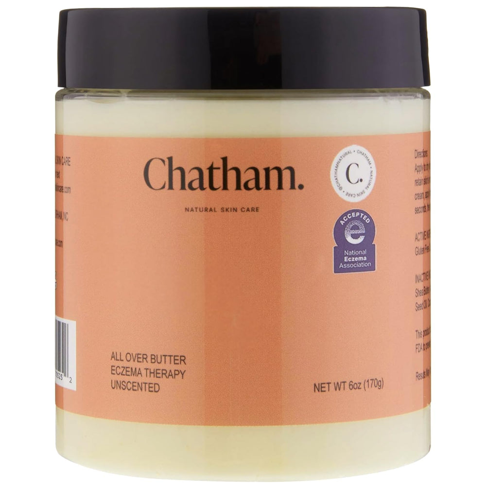 Chatham All Over Butter eczema-relief jar close-up shows creamy texture for dry skin.