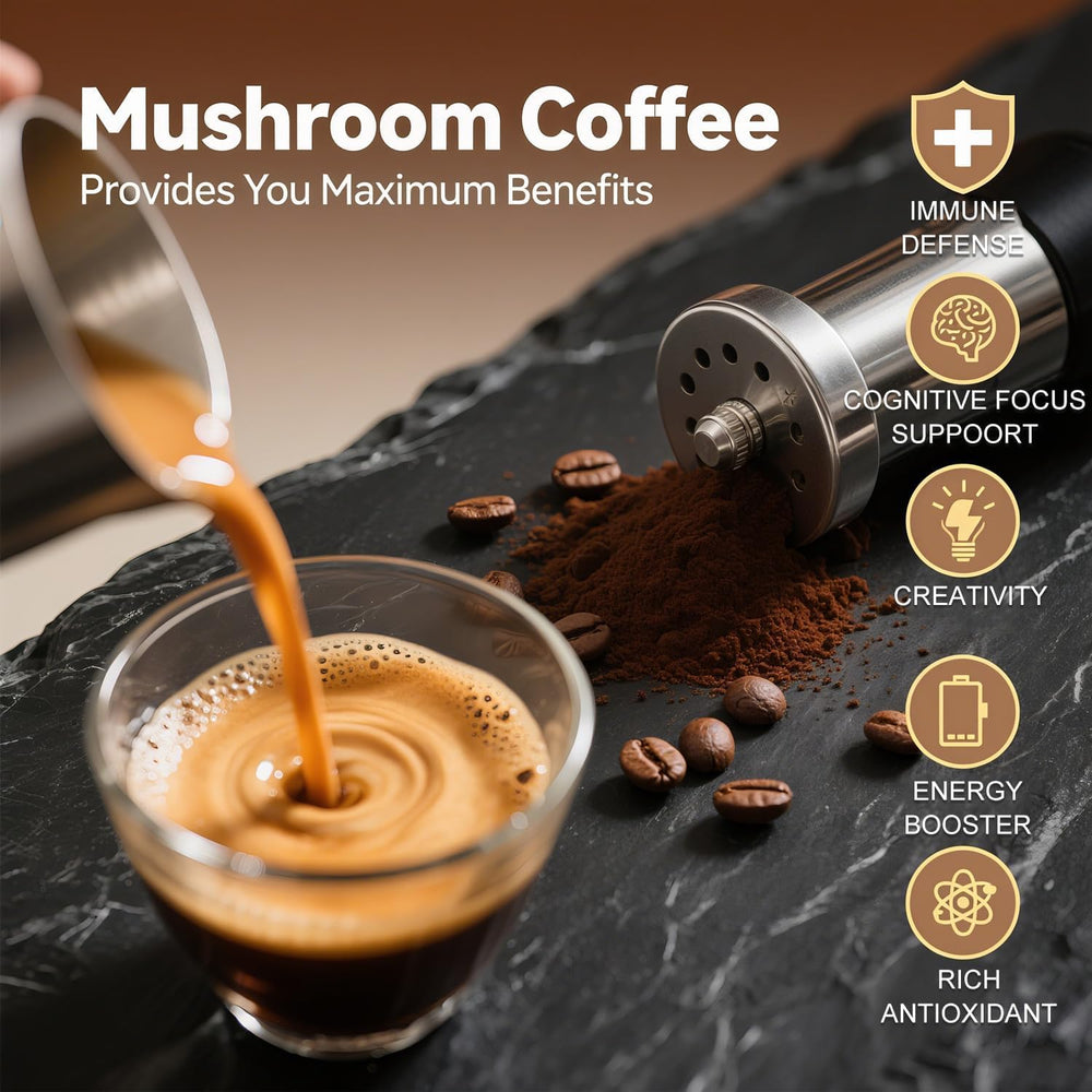 CHATTER PAWS Mushroom Coffee cup steaming shows ready-to-drink energy with focus.