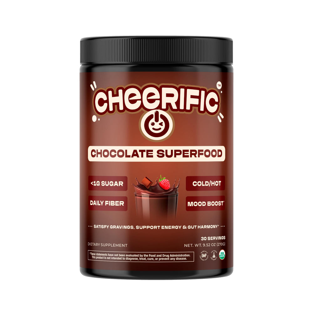 Cheerific dark chocolate powder bottle promoting sustained energy and mood support.
