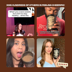 Cheerific dark chocolate powder ready-to-mix drink on a desk for afternoon boost.